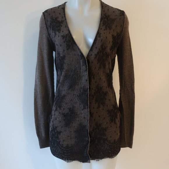Womens Zhor & Nema Paris Taupe Black V-Neck Wool Cashmere Lace Cardigan M - Picture 1 of 15
